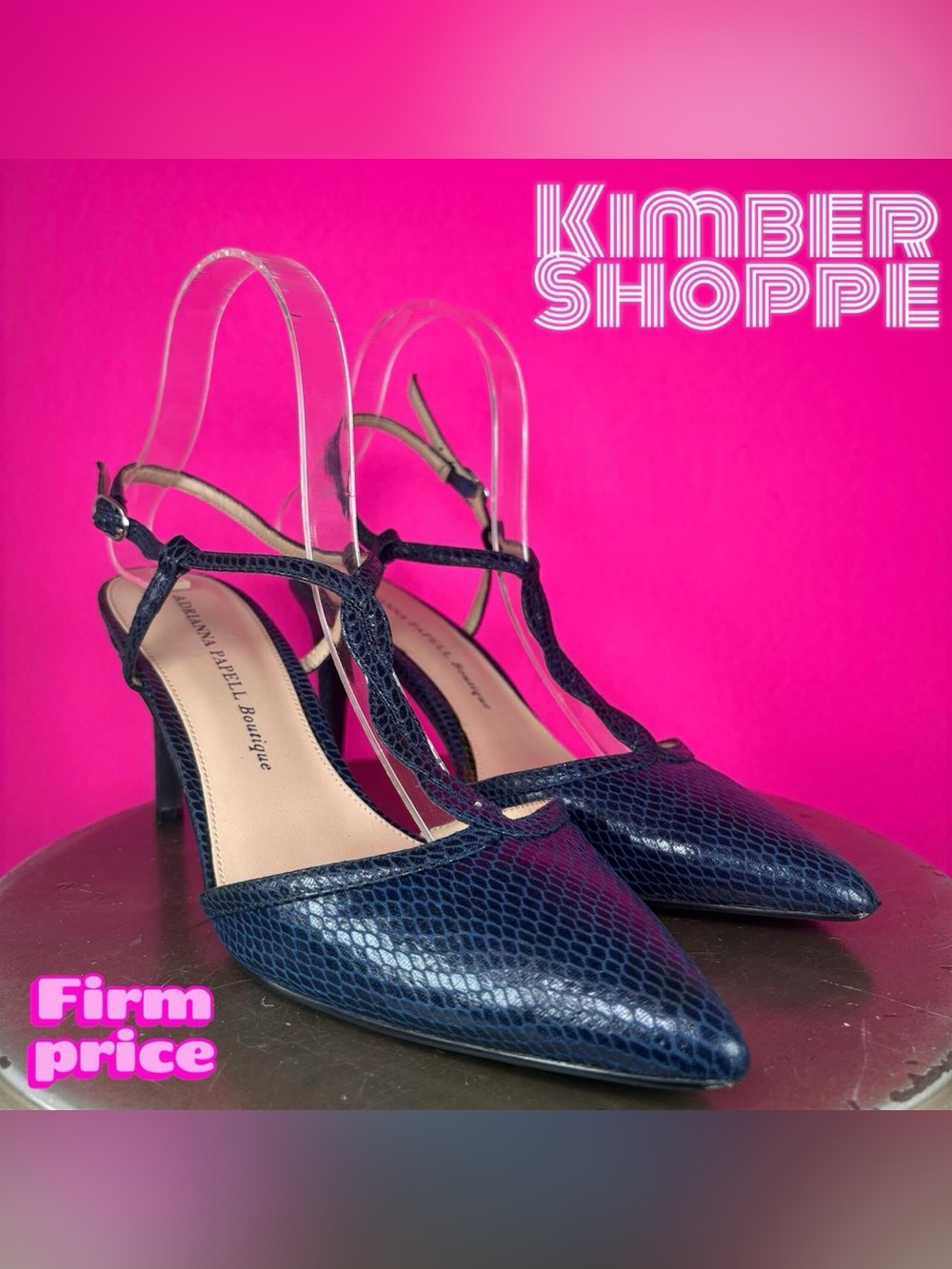Adrianna Papell Navy Blue Snake Print T-Strap Slingback Stiletto Pump US 9